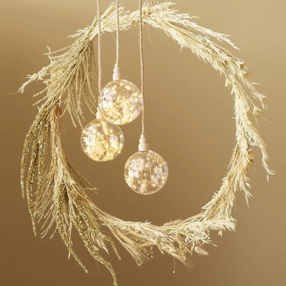 RETIF Boule Avec Fleurs Sechees 30 Micro Led Blanc Chaud O14Cm New