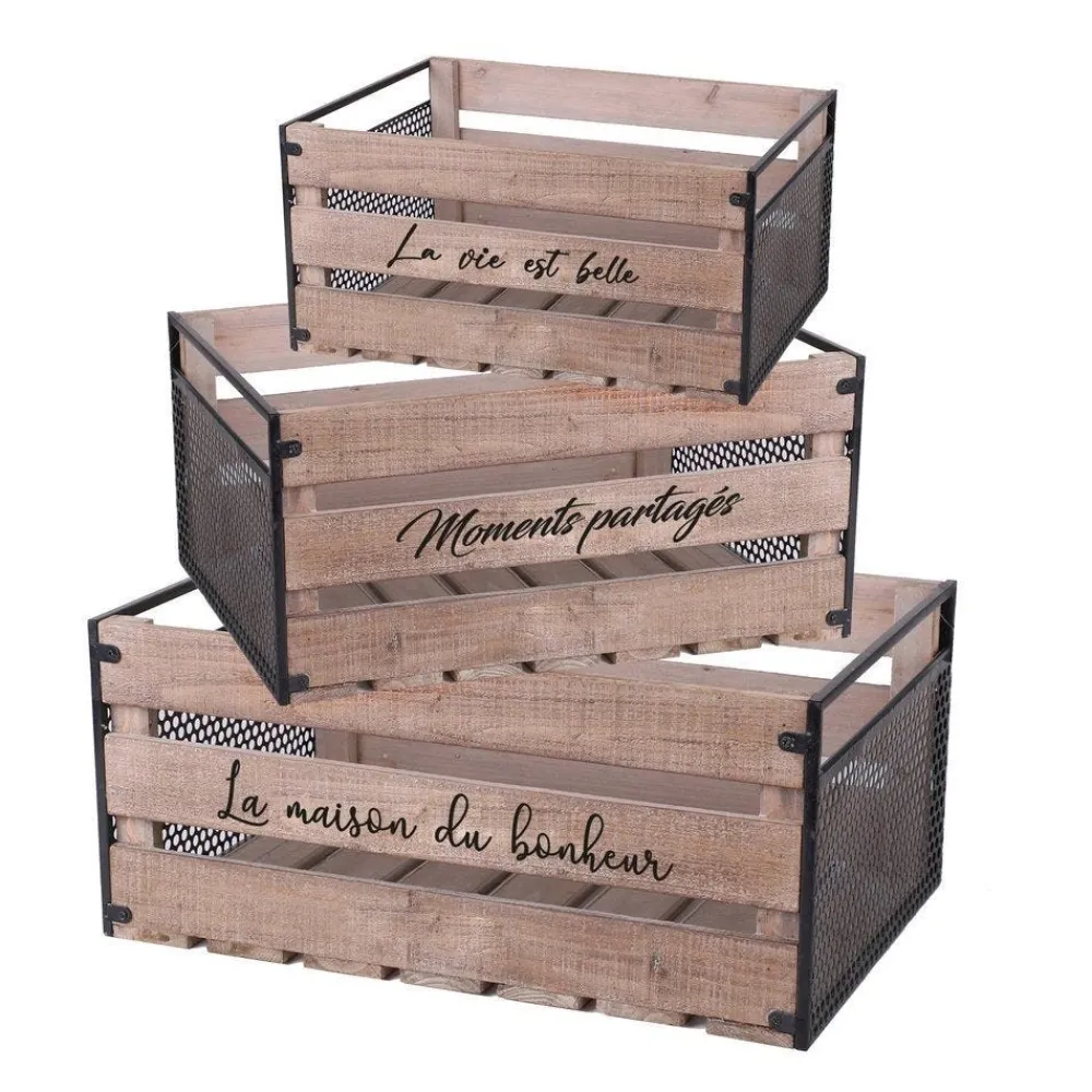RETIF Caisses En Bois Et Cotes Metal Noir 32X24,5X18 + 41X28,5X20 + 50X32X22Cm Store
