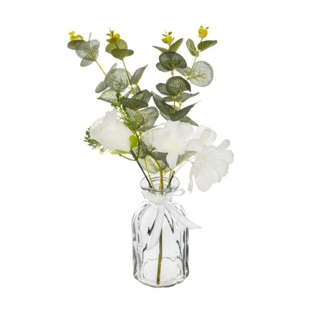RETIF Compo Artificielle De 3 Roses Blanches Dans 3 Vases En Verre Lies Par Une Corde Shop