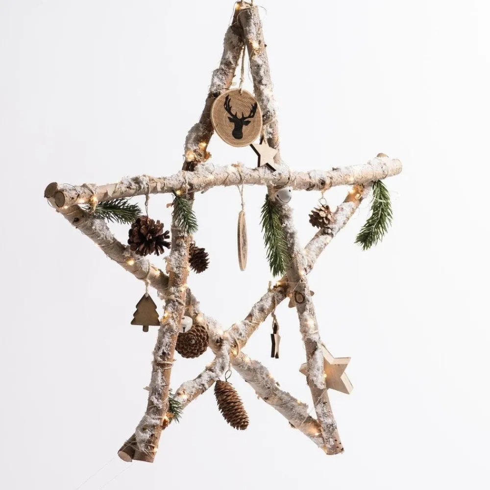 RETIF Etoile En Bois Decoree Et Enneigee Avec Leds L 60 X H 59 Cm Sale