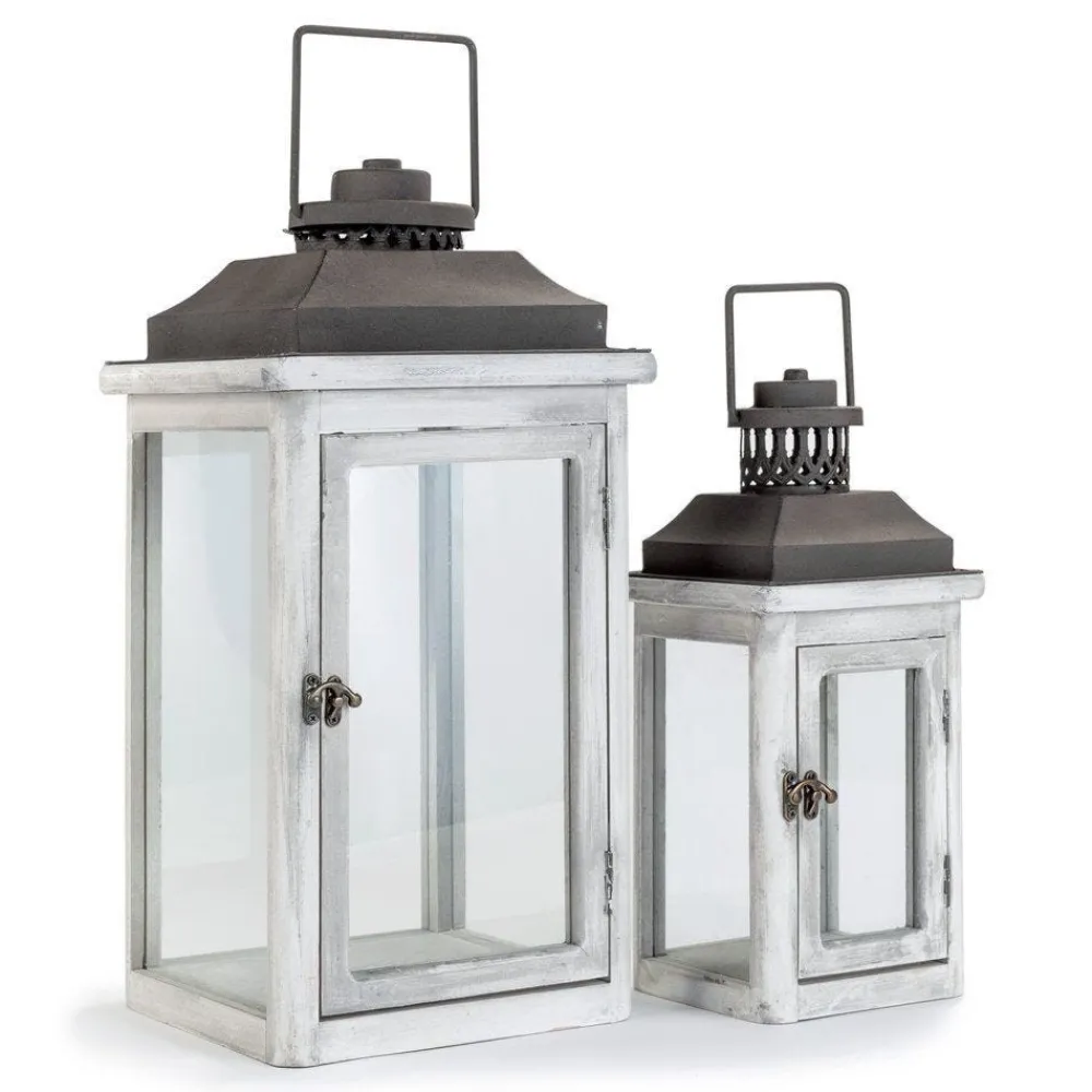 RETIF Lanternes En Bois Blanchi L 25 X H 52 + L 17 X H 36Cm - Par 2 Clearance