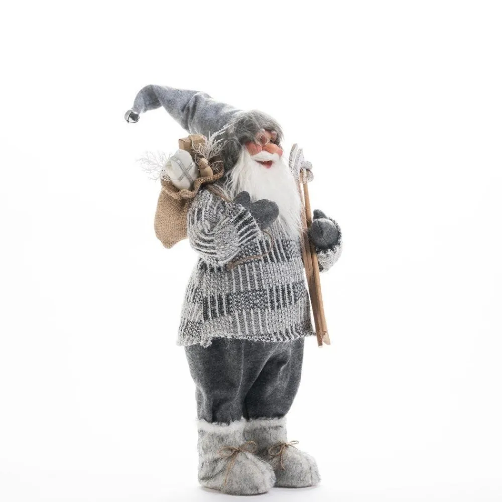 RETIF Pere Noel Pull Gris H 60 Cm Avec Hotte, Lanterne Et Skis Hot