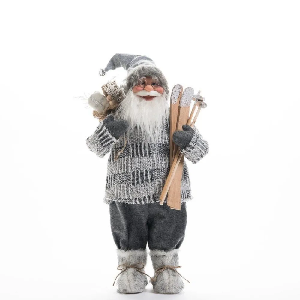 RETIF Pere Noel Pull Gris H 60 Cm Avec Hotte, Lanterne Et Skis Hot