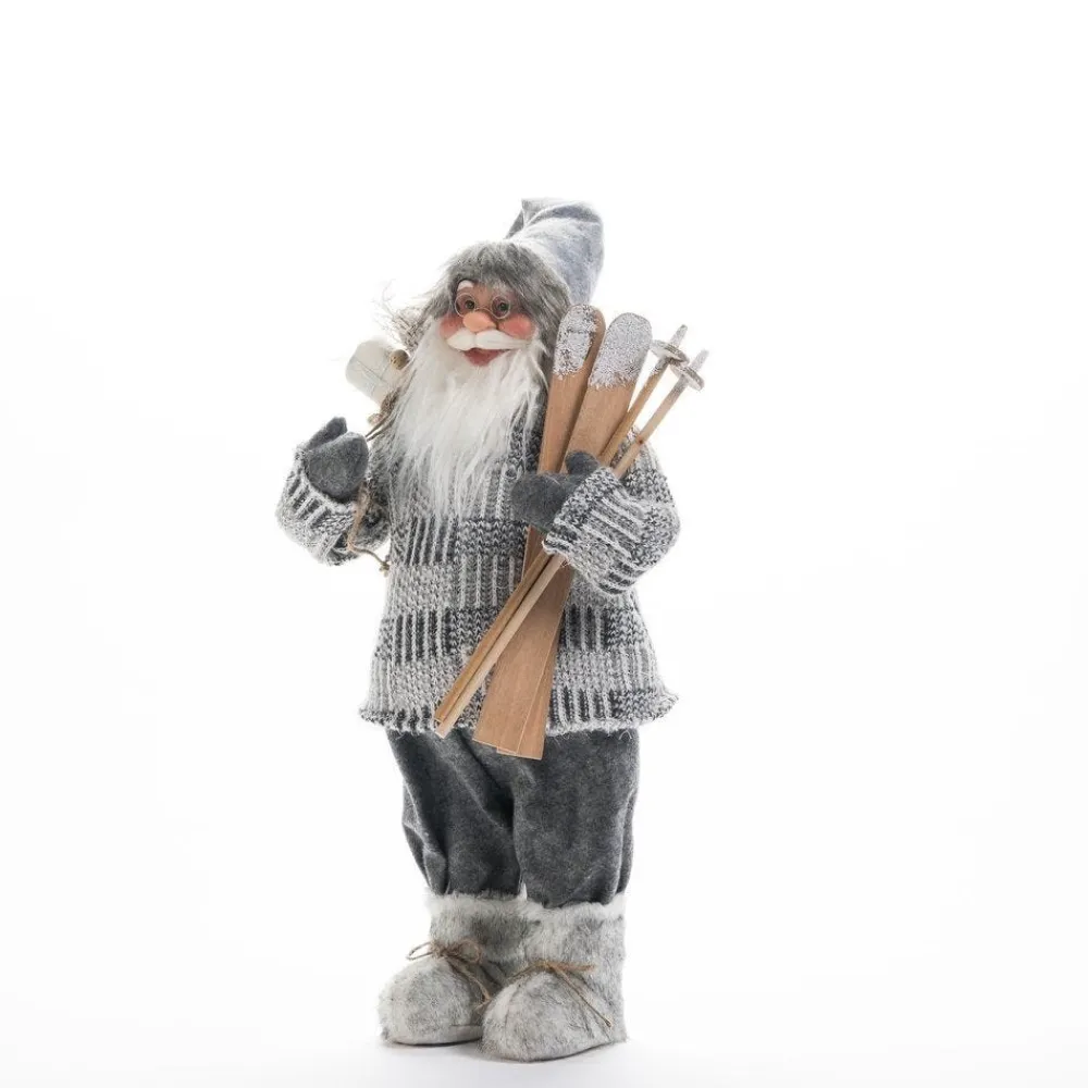 RETIF Pere Noel Pull Gris H 60 Cm Avec Hotte, Lanterne Et Skis Hot